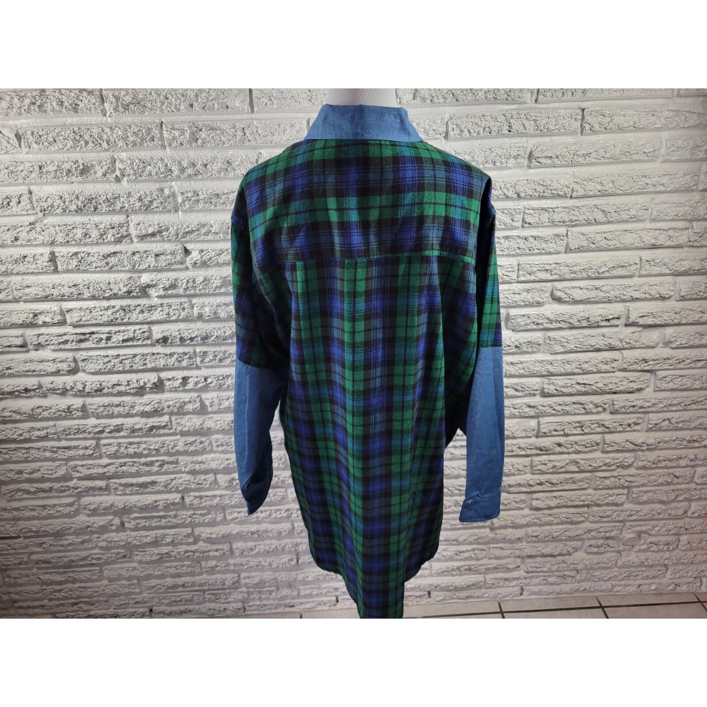 Miss Lili Womens Top 2X Plus Long Sleeve BlueGreen Plaid Cotton Blend Collar