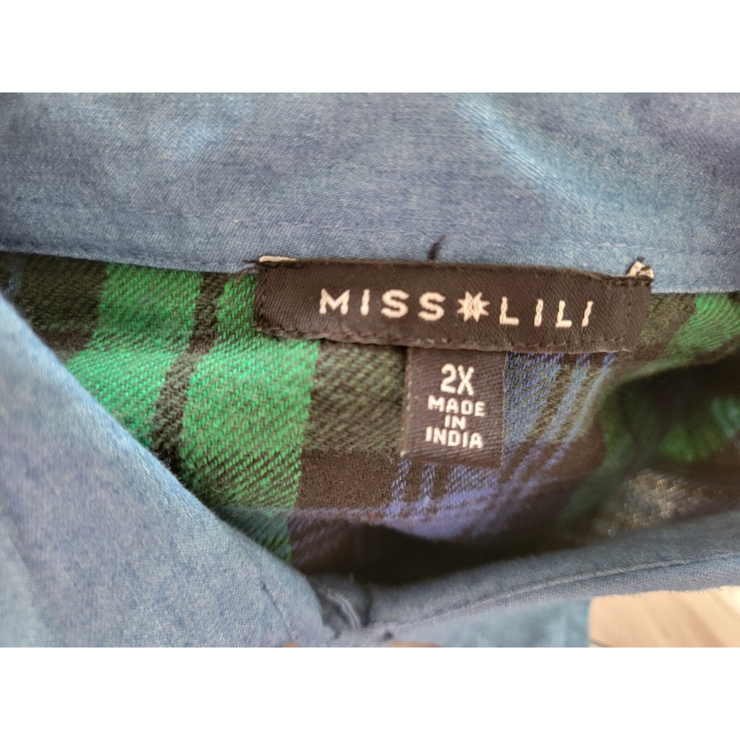 Miss Lili Womens Top 2X Plus Long Sleeve BlueGreen Plaid Cotton Blend Collar