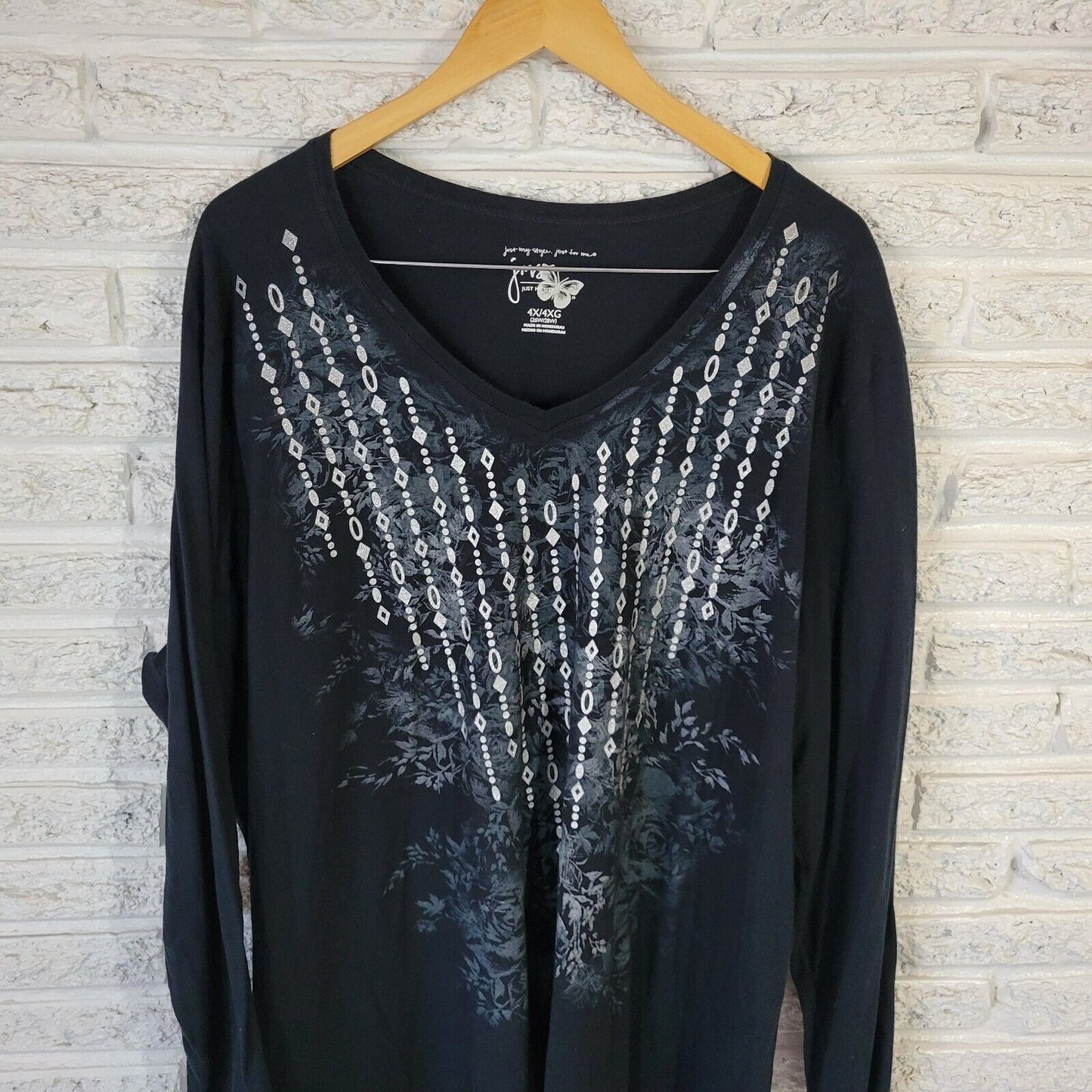 Just My Size Women Top 4X Plus Tee Long Sleeve Black Glitter Cotton Comfy Casual