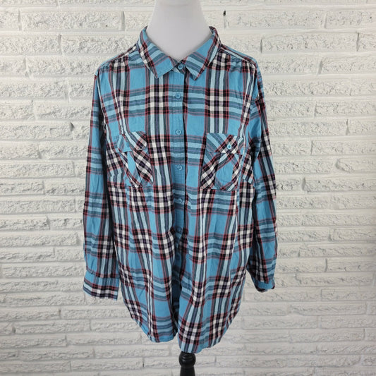 Roamans Women Shirt 26W Plus Button Up Long Sleeve Collared Blue Plaid Pockets