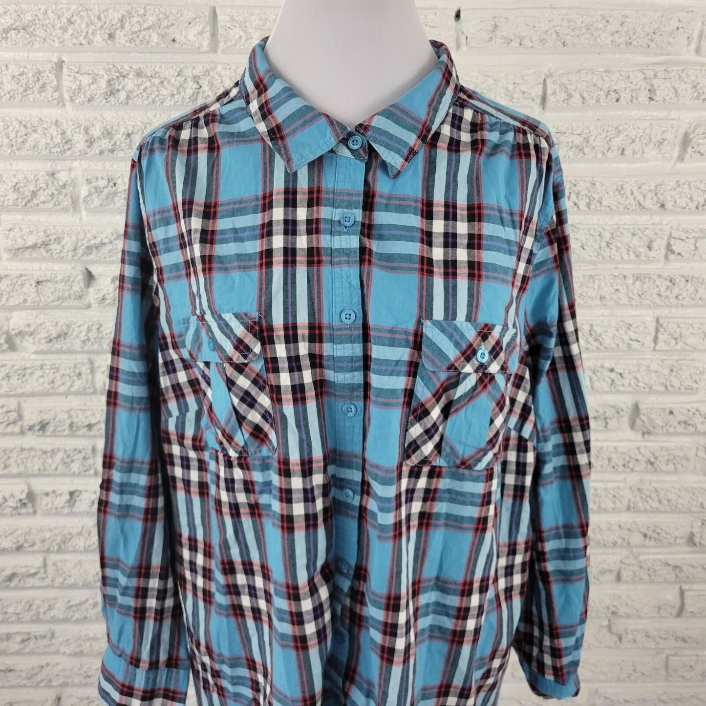Roamans Women Shirt 26W Plus Button Up Long Sleeve Collared Blue Plaid Pockets