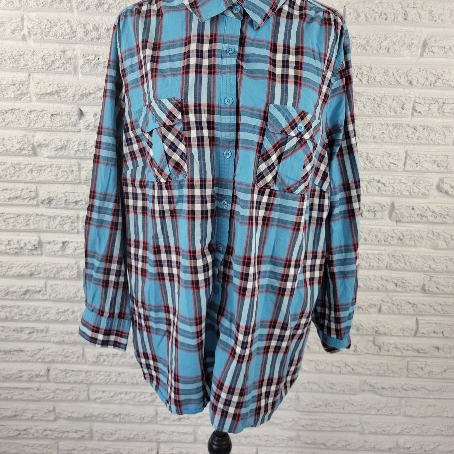 Roamans Women Shirt 26W Plus Button Up Long Sleeve Collared Blue Plaid Pockets