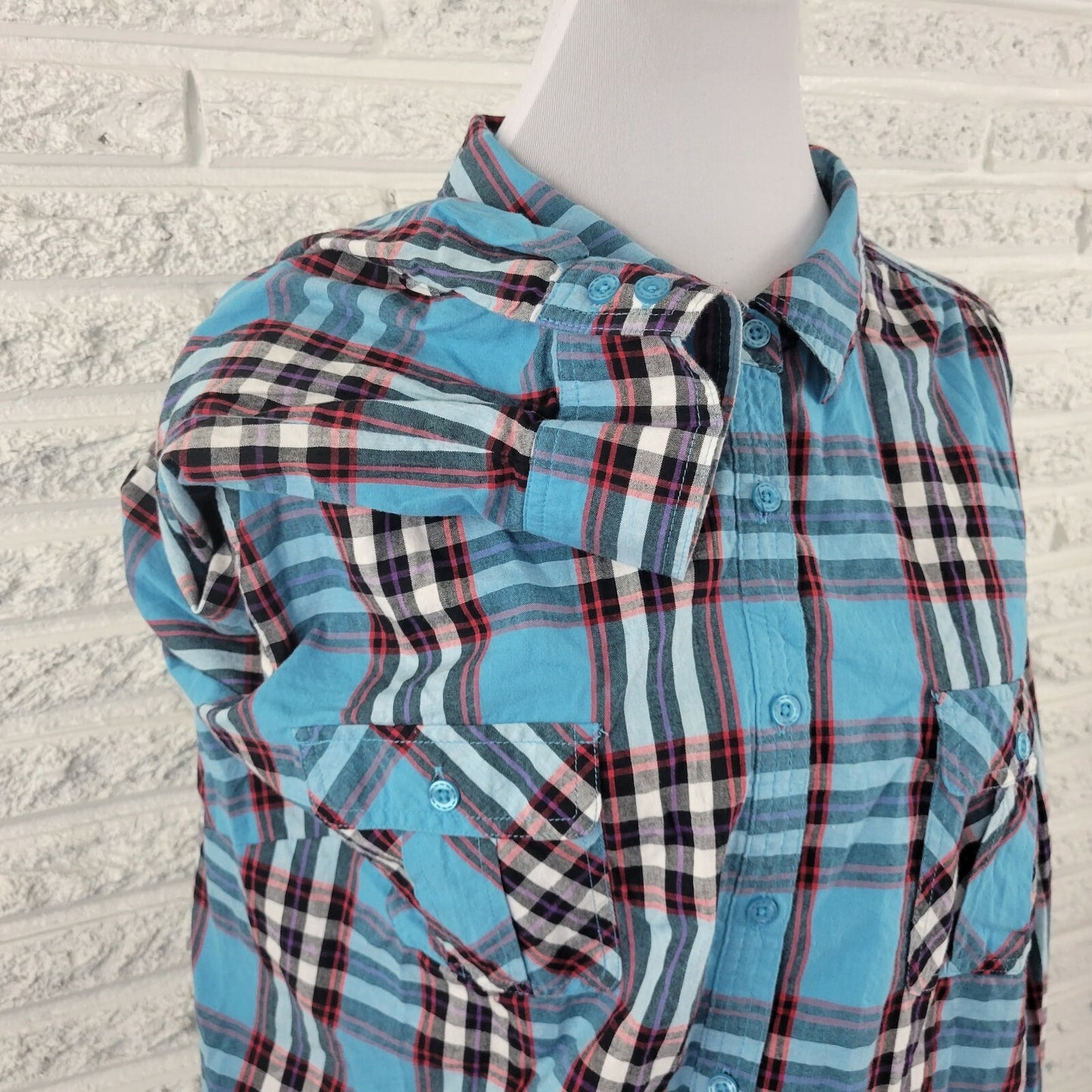 Roamans Women Shirt 26W Plus Button Up Long Sleeve Collared Blue Plaid Pockets