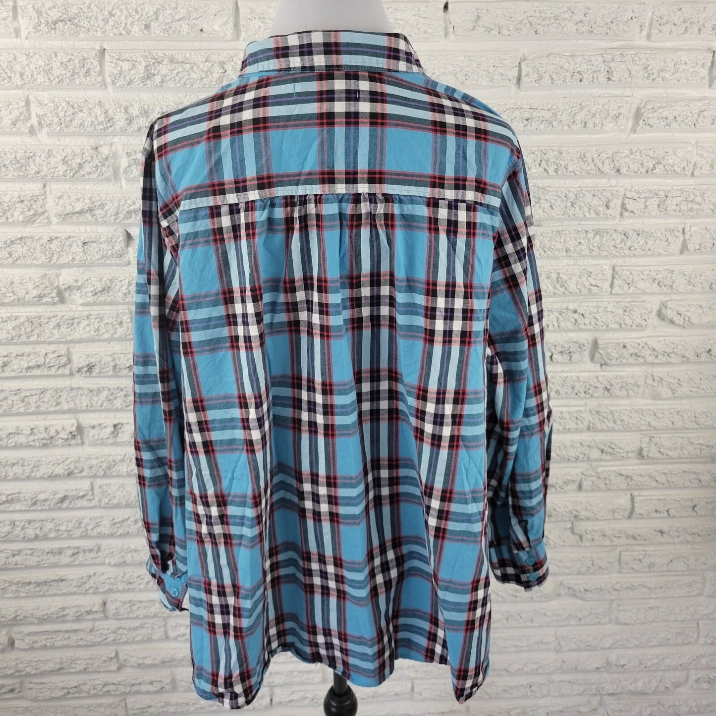 Roamans Women Shirt 26W Plus Button Up Long Sleeve Collared Blue Plaid Pockets