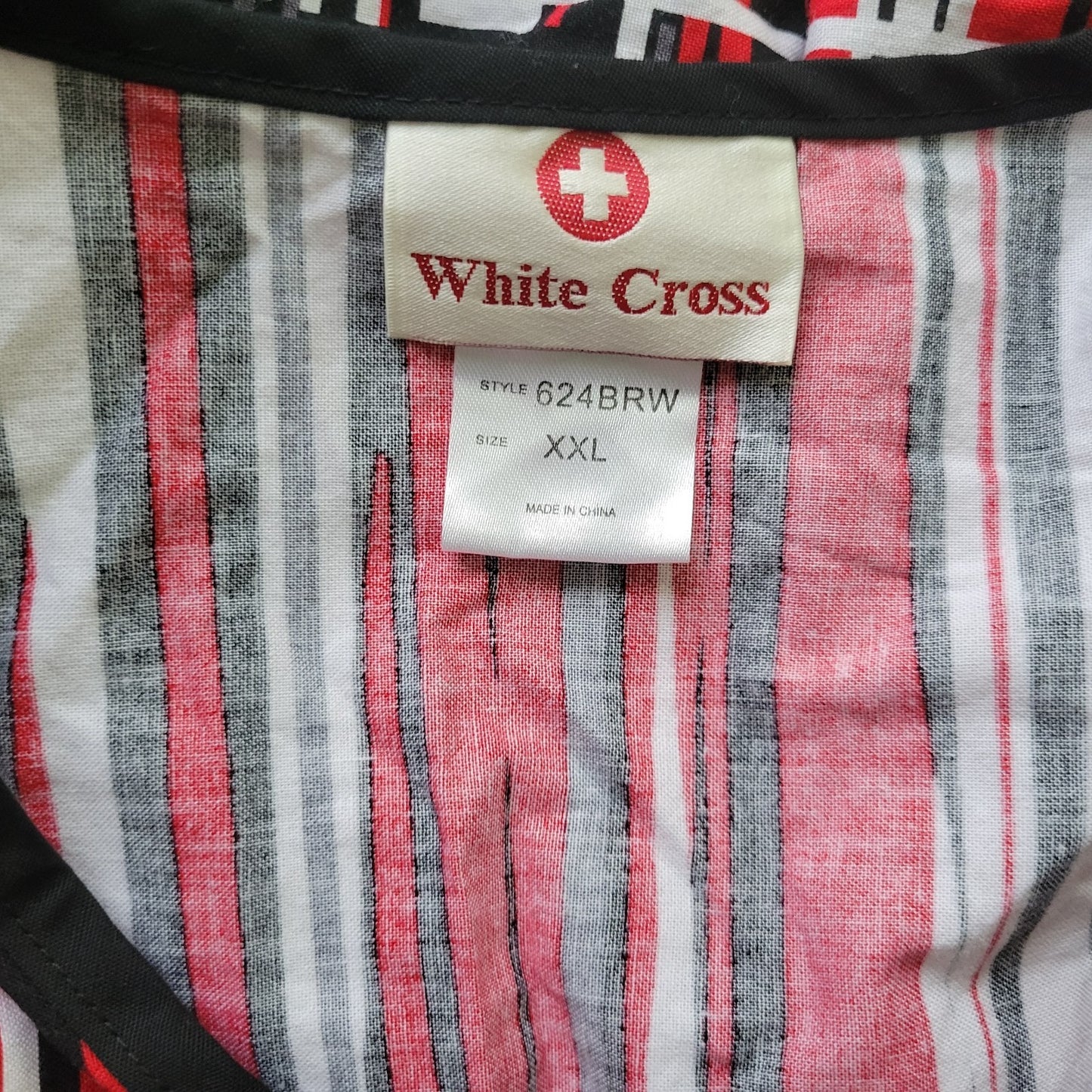 White Cross Unisex Scrub Top XXL Plus Black Red Stripes Cotton Pockets Medical