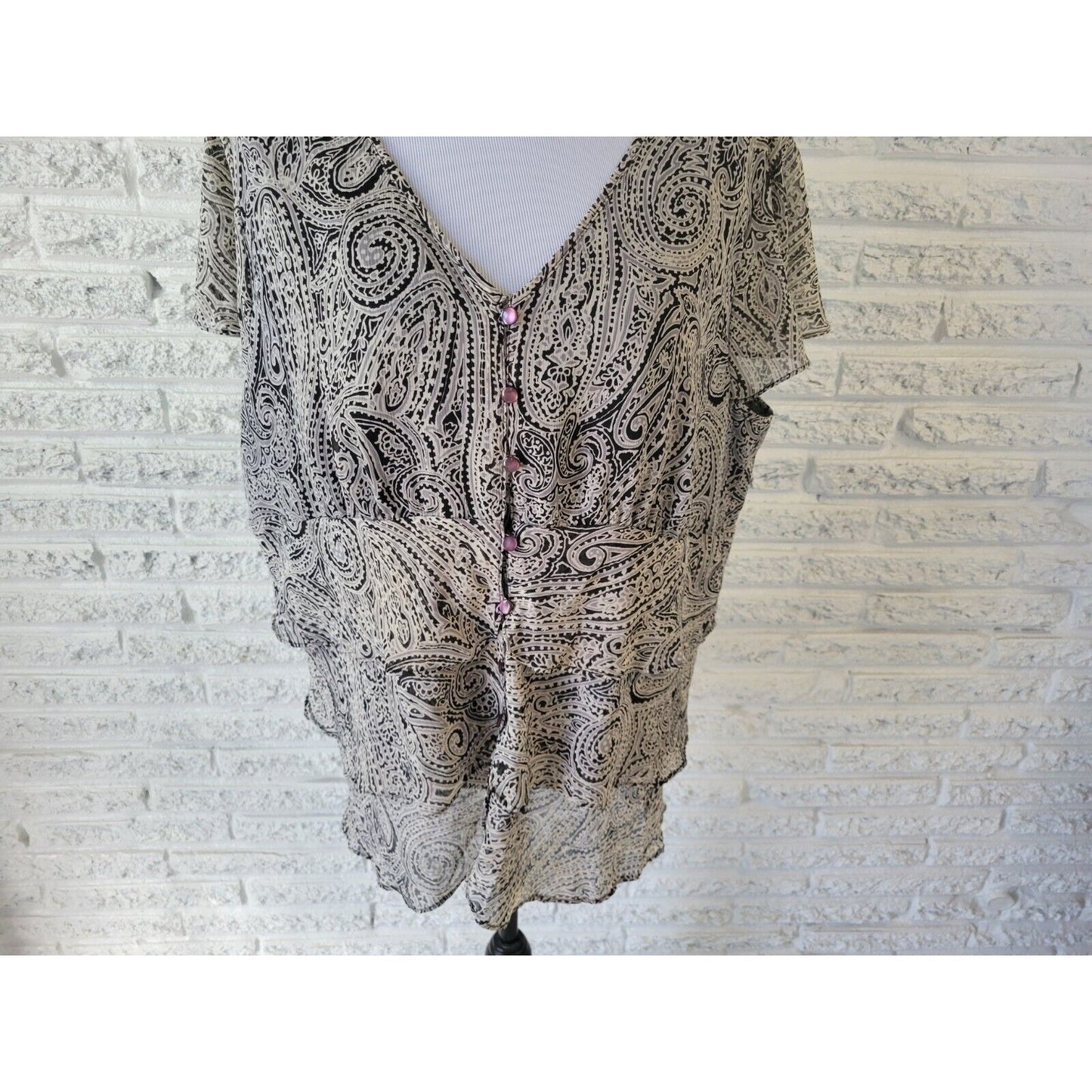 Apt 9 Womens Top 2X Flutter Sleeve Button Up Black Paisley Layered Sheer Lined