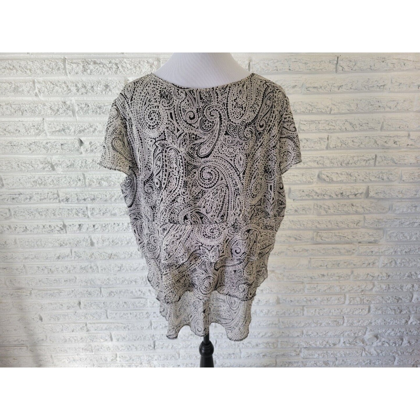 Apt 9 Womens Top 2X Flutter Sleeve Button Up Black Paisley Layered Sheer Lined