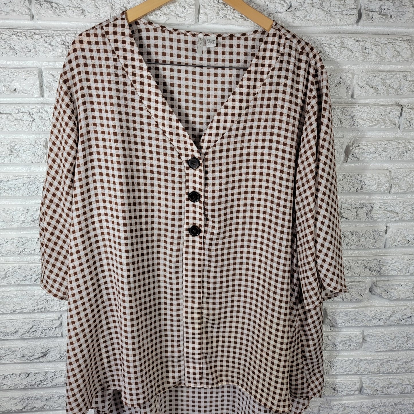 Cato Est 1946 Womens Top 26W 28W Plus Ruched Sleeve Brown Plaid Lightweight