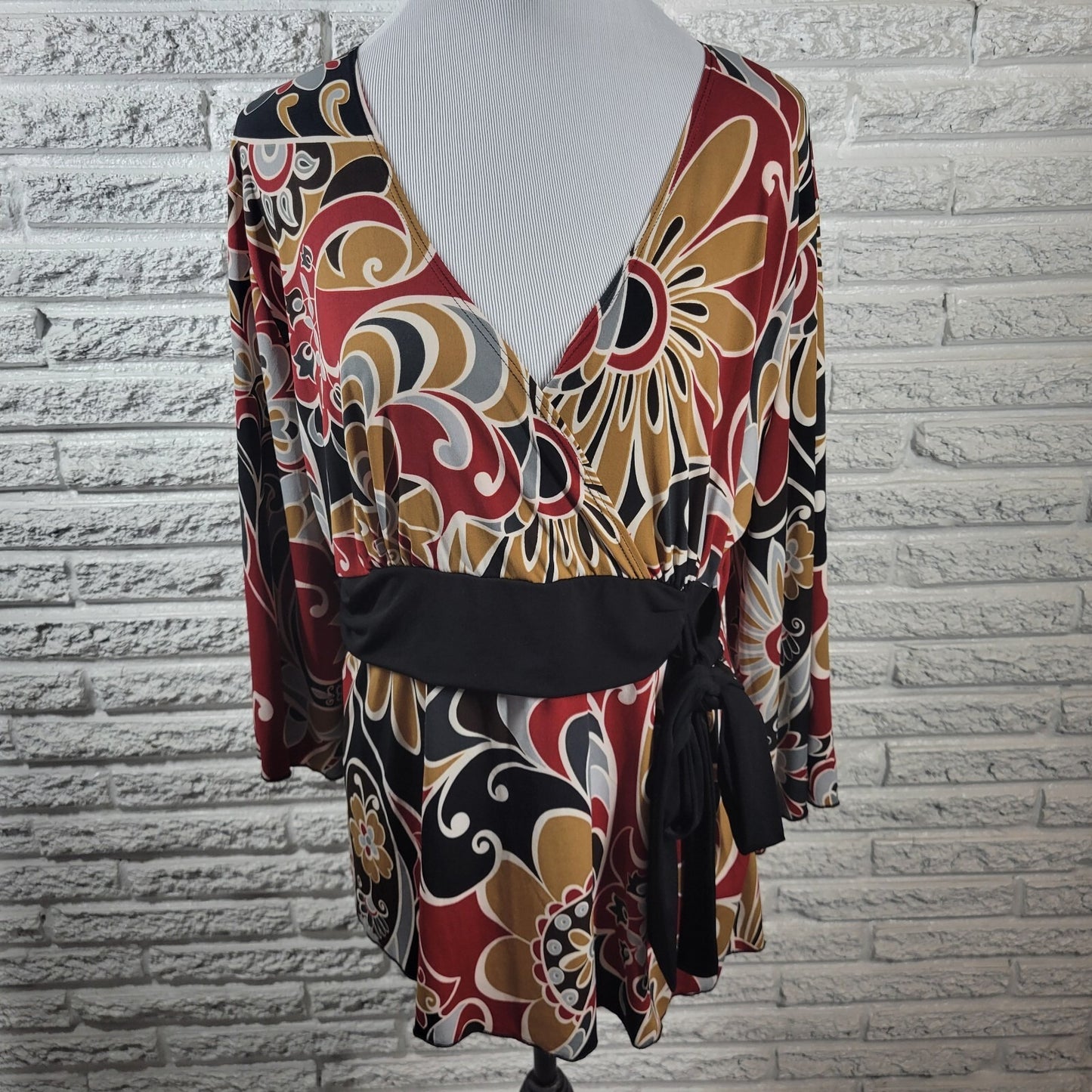 Dress Barn Womens Top 1X Plus 3/4 Sleeve Red Tan Floral Poly Blend Sash Career