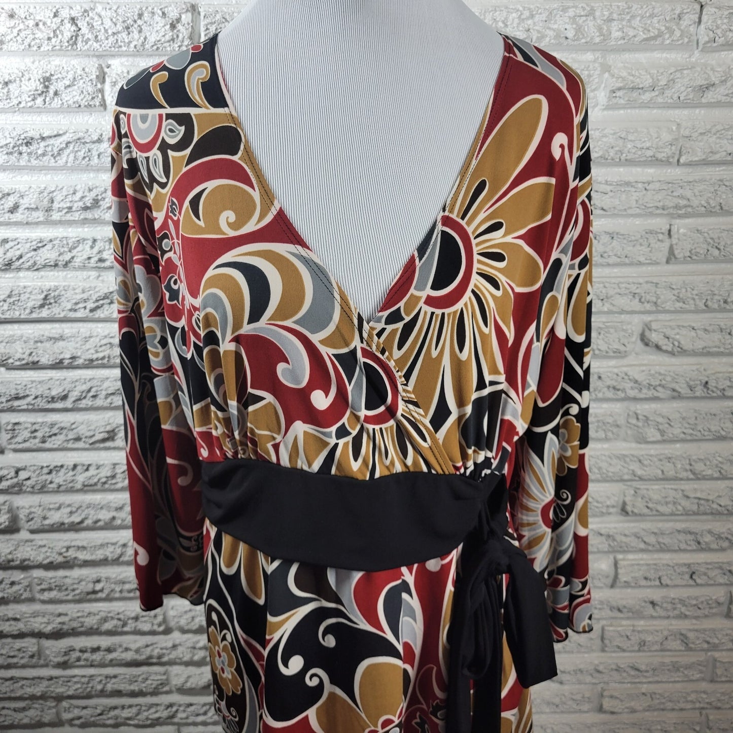 Dress Barn Womens Top 1X Plus 3/4 Sleeve Red Tan Floral Poly Blend Sash Career