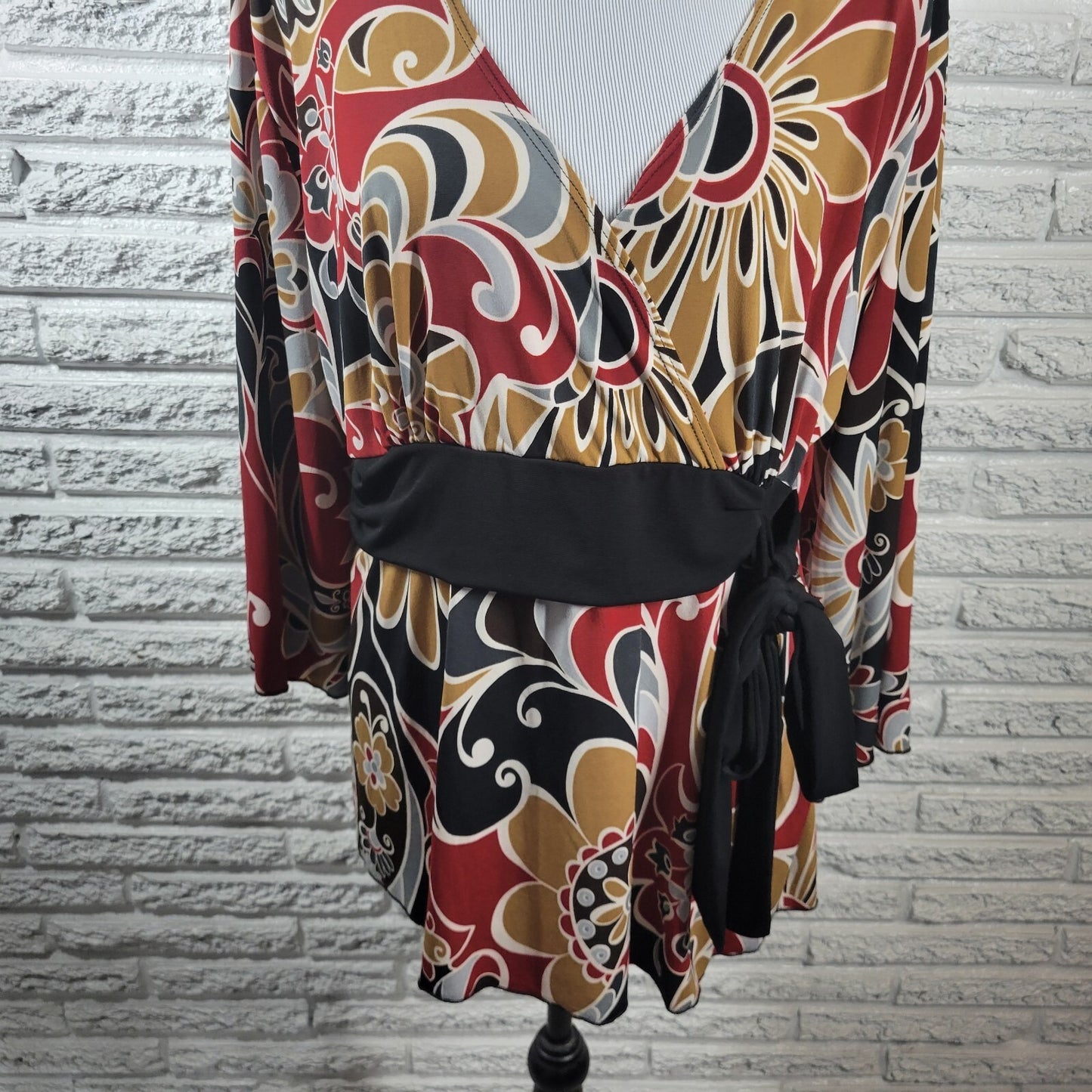 Dress Barn Womens Top 1X Plus 3/4 Sleeve Red Tan Floral Poly Blend Sash Career