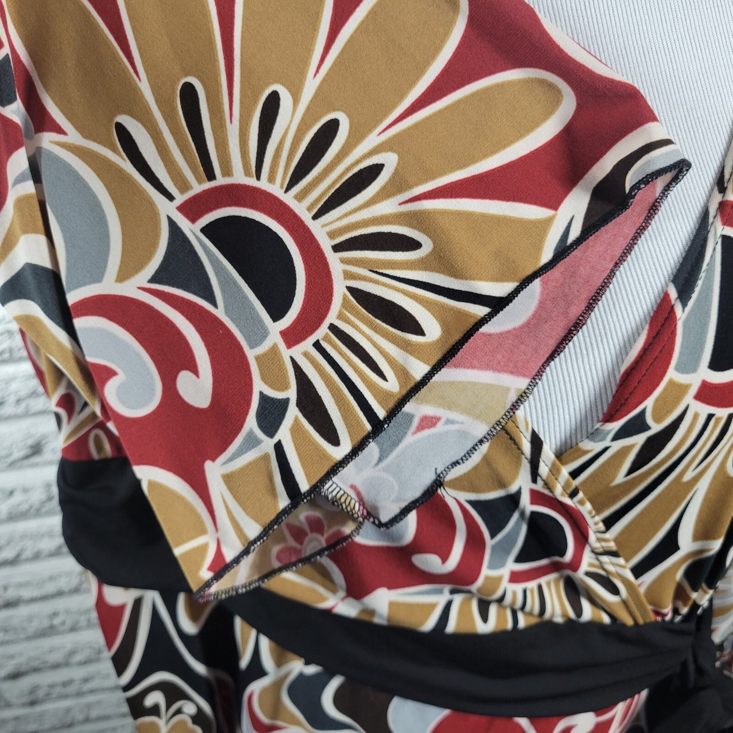 Dress Barn Womens Top 1X Plus 3/4 Sleeve Red Tan Floral Poly Blend Sash Career