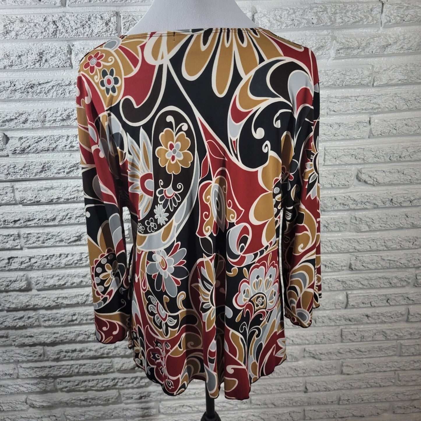 Dress Barn Womens Top 1X Plus 3/4 Sleeve Red Tan Floral Poly Blend Sash Career