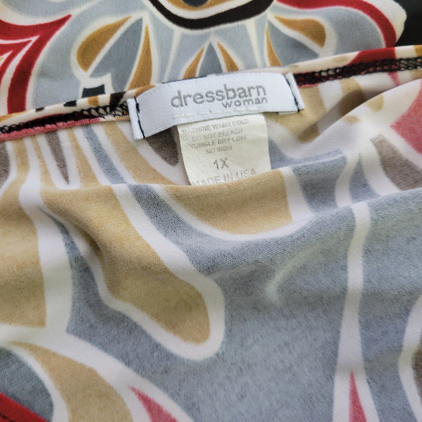 Dress Barn Womens Top 1X Plus 3/4 Sleeve Red Tan Floral Poly Blend Sash Career