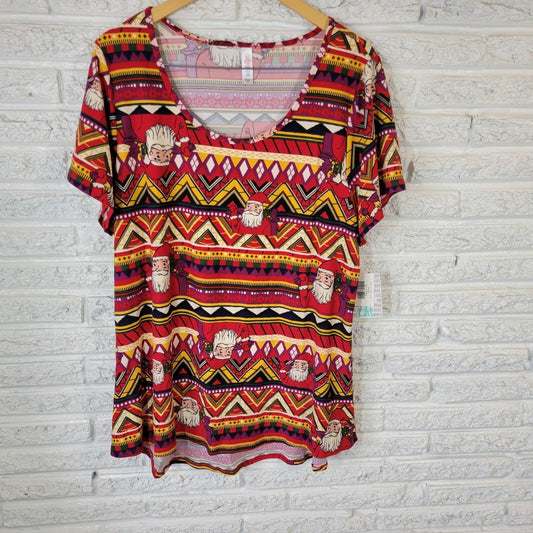 Christmas Lularoe Womens Top 2XL Plus Tee Santa Red Geometric Comfy Poly Blend