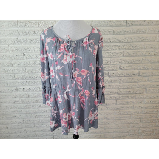 Lane Bryant Womens Top 18 20 Tunic Bell Sleeve Boho Blue Floral Crochet Keyhole