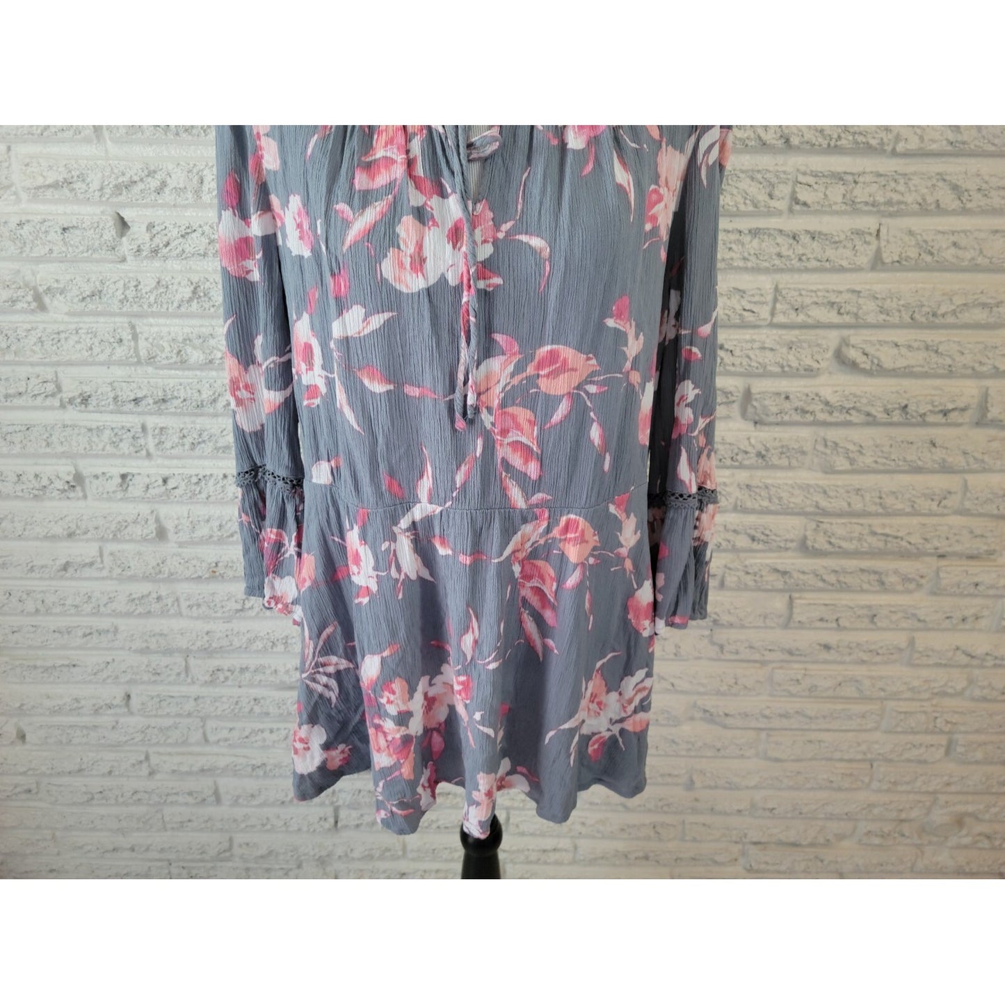 Lane Bryant Womens Top 18 20 Tunic Bell Sleeve Boho Blue Floral Crochet Keyhole