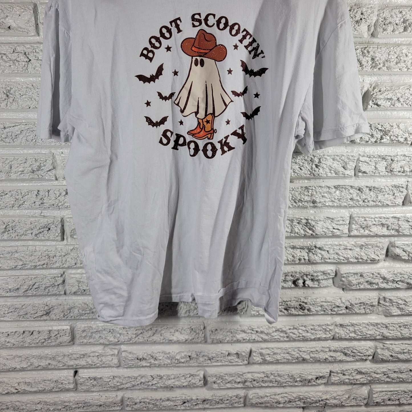 Halloween Womens Top Extra Large XL Short Sleeve Brown Cotton Spooky Boot Scoot