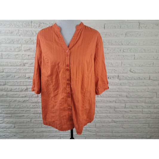 Liz & Me Womens Shirt 1X 18W 20W Plus Short Sleeve Orange VNeck Button Up Cotton