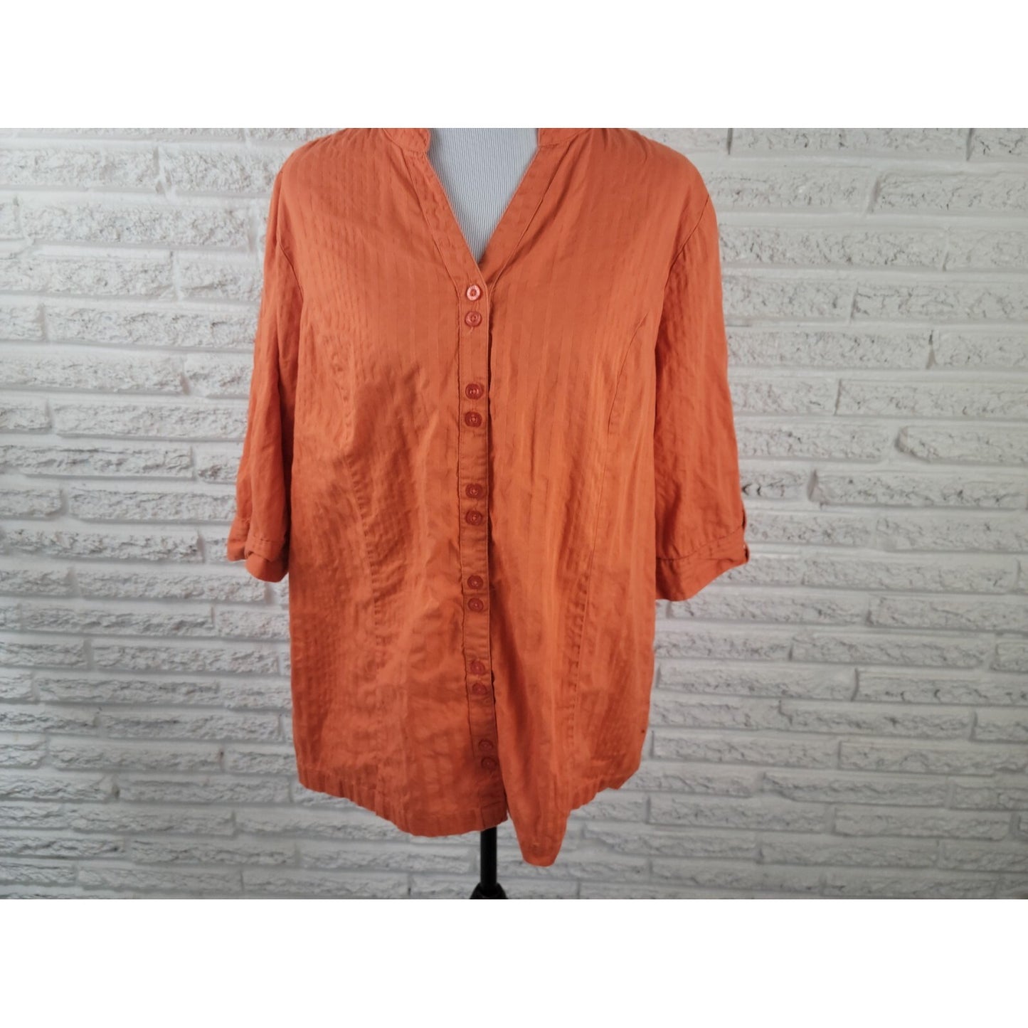 Liz & Me Womens Shirt 1X 18W 20W Plus Short Sleeve Orange VNeck Button Up Cotton
