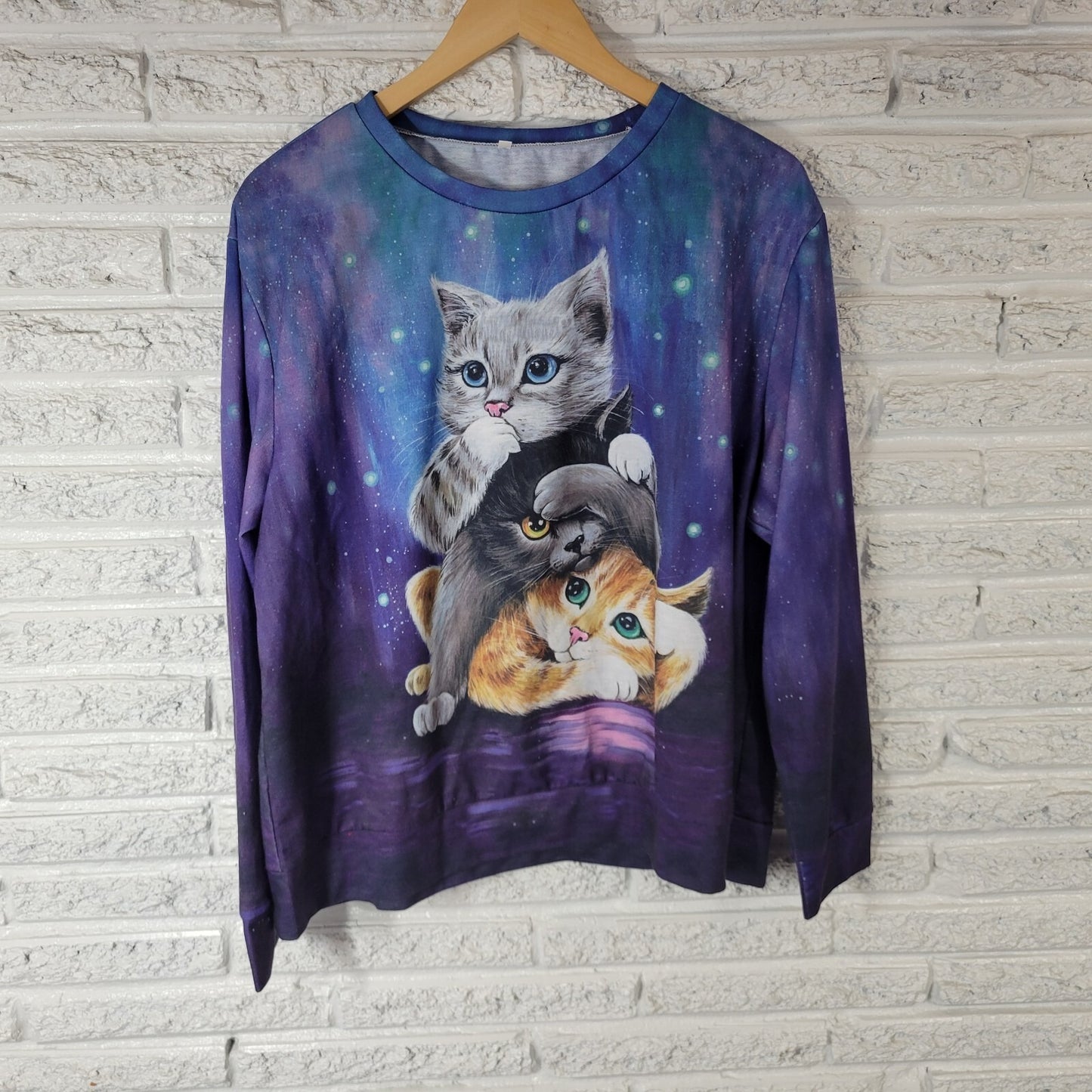 Cats Kittens Womens Top 1XL Plus Tee Long Sleeve Blue Comfy Poly Blend Crew