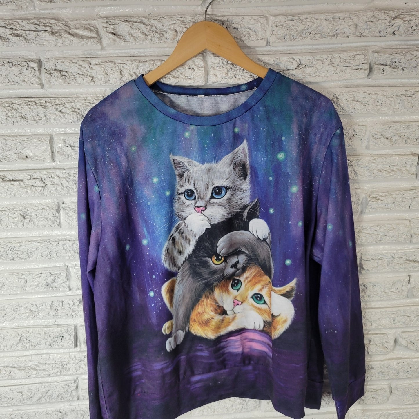 Cats Kittens Womens Top 1XL Plus Tee Long Sleeve Blue Comfy Poly Blend Crew