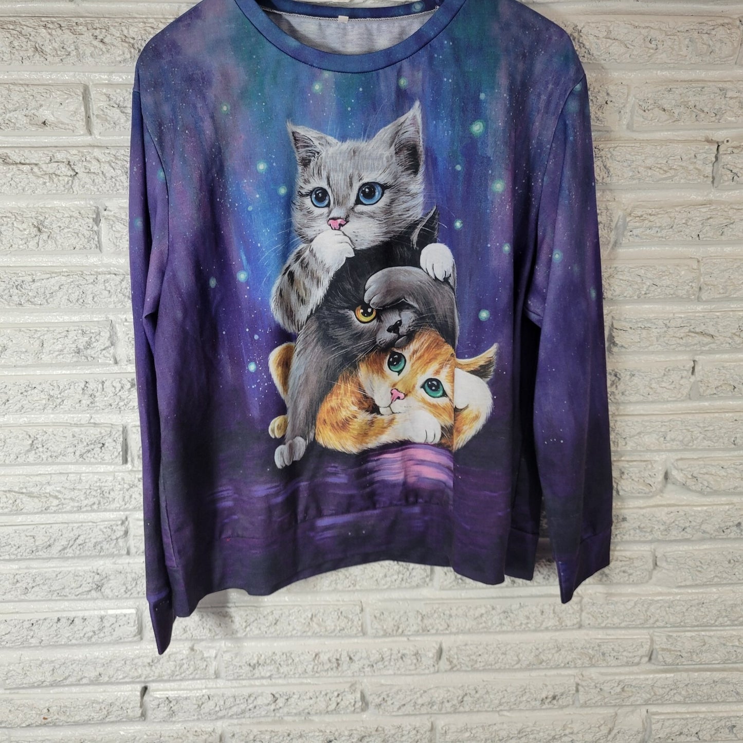 Cats Kittens Womens Top 1XL Plus Tee Long Sleeve Blue Comfy Poly Blend Crew