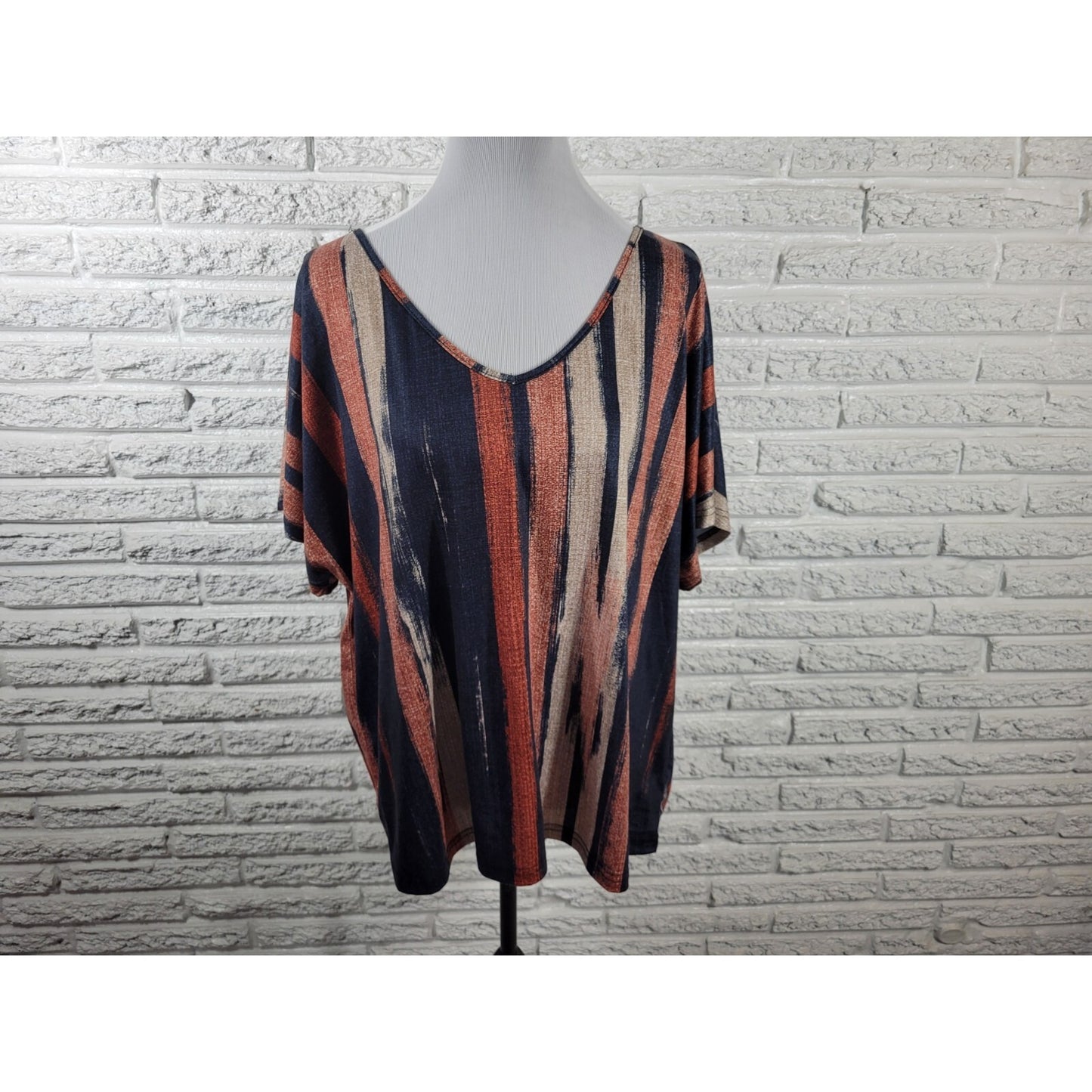 Emery Rose Women Top 1XL Plus Tee Cap Sleeve Poly Blend Earth Tones Brown Stripe