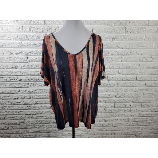 Emery Rose Women Top 1XL Plus Tee Cap Sleeve Poly Blend Earth Tones Brown Stripe