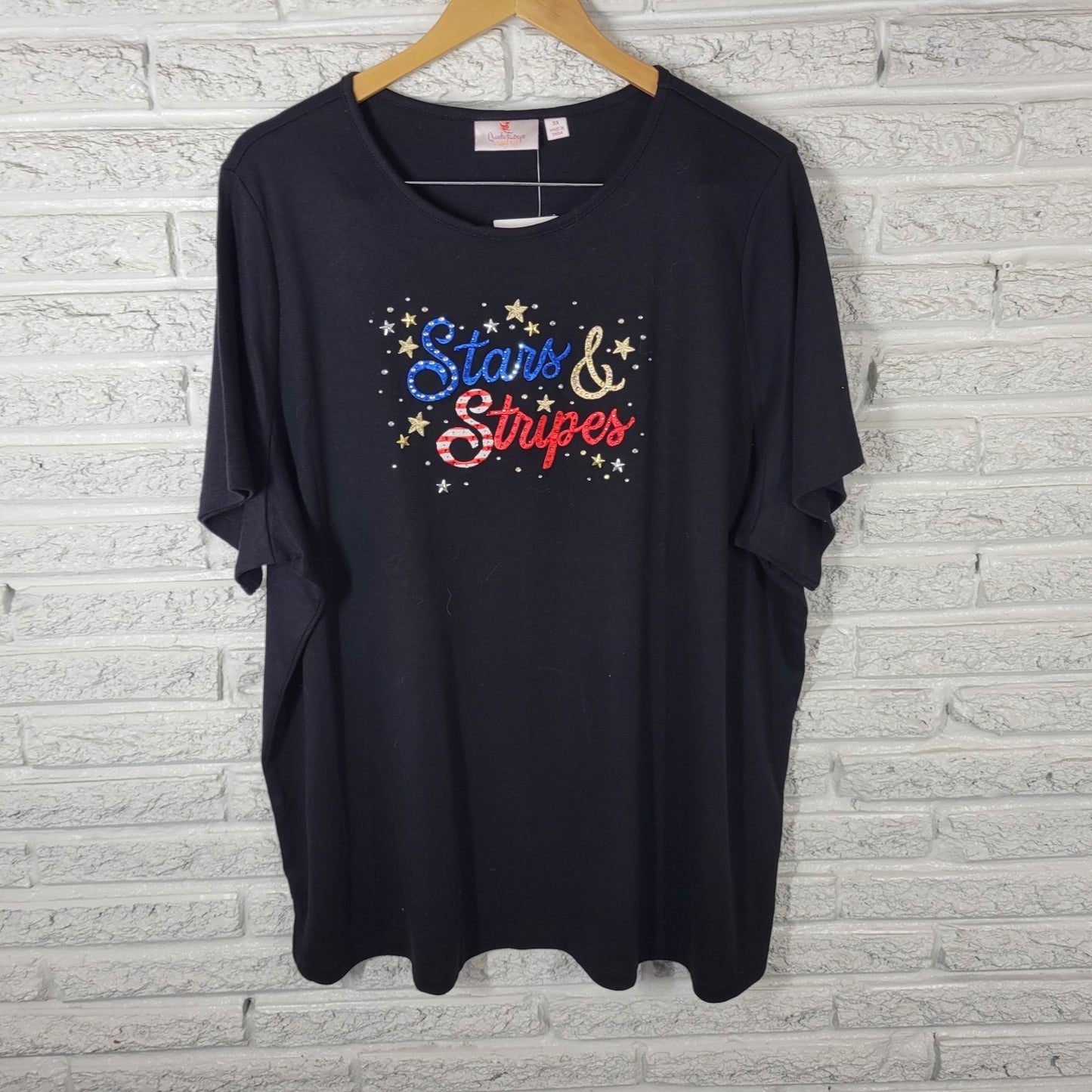 Fourth of July Quacker Factory QVC Womens Top 3X Plus Tee Black Studs Rhinestone