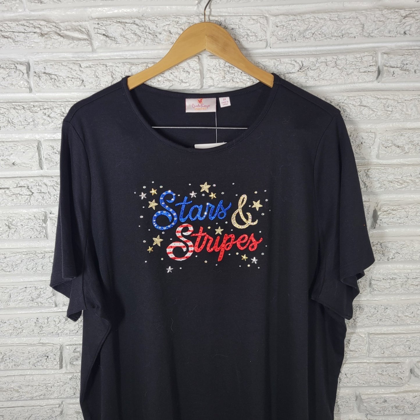 Fourth of July Quacker Factory QVC Womens Top 3X Plus Tee Black Studs Rhinestone