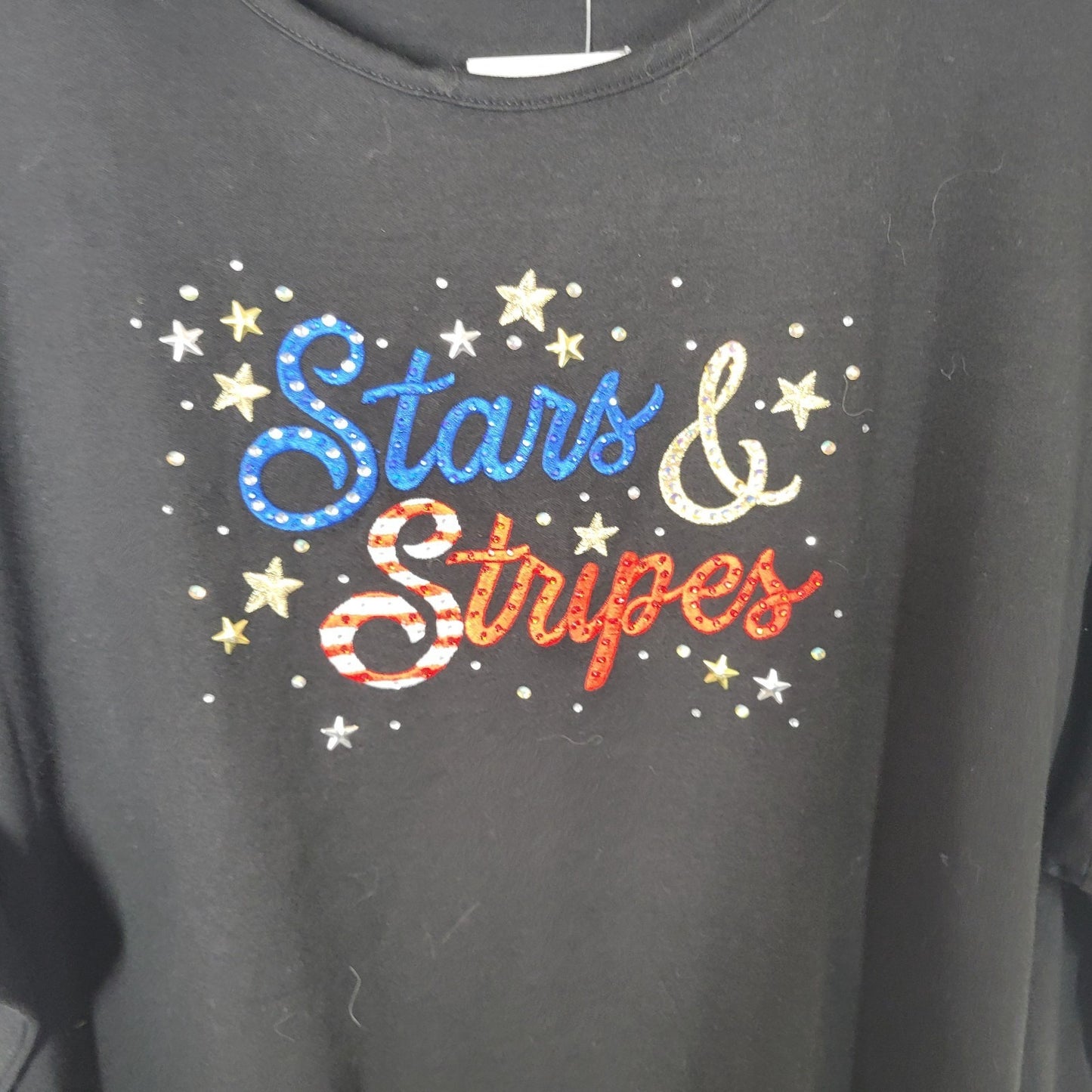 Fourth of July Quacker Factory QVC Womens Top 3X Plus Tee Black Studs Rhinestone