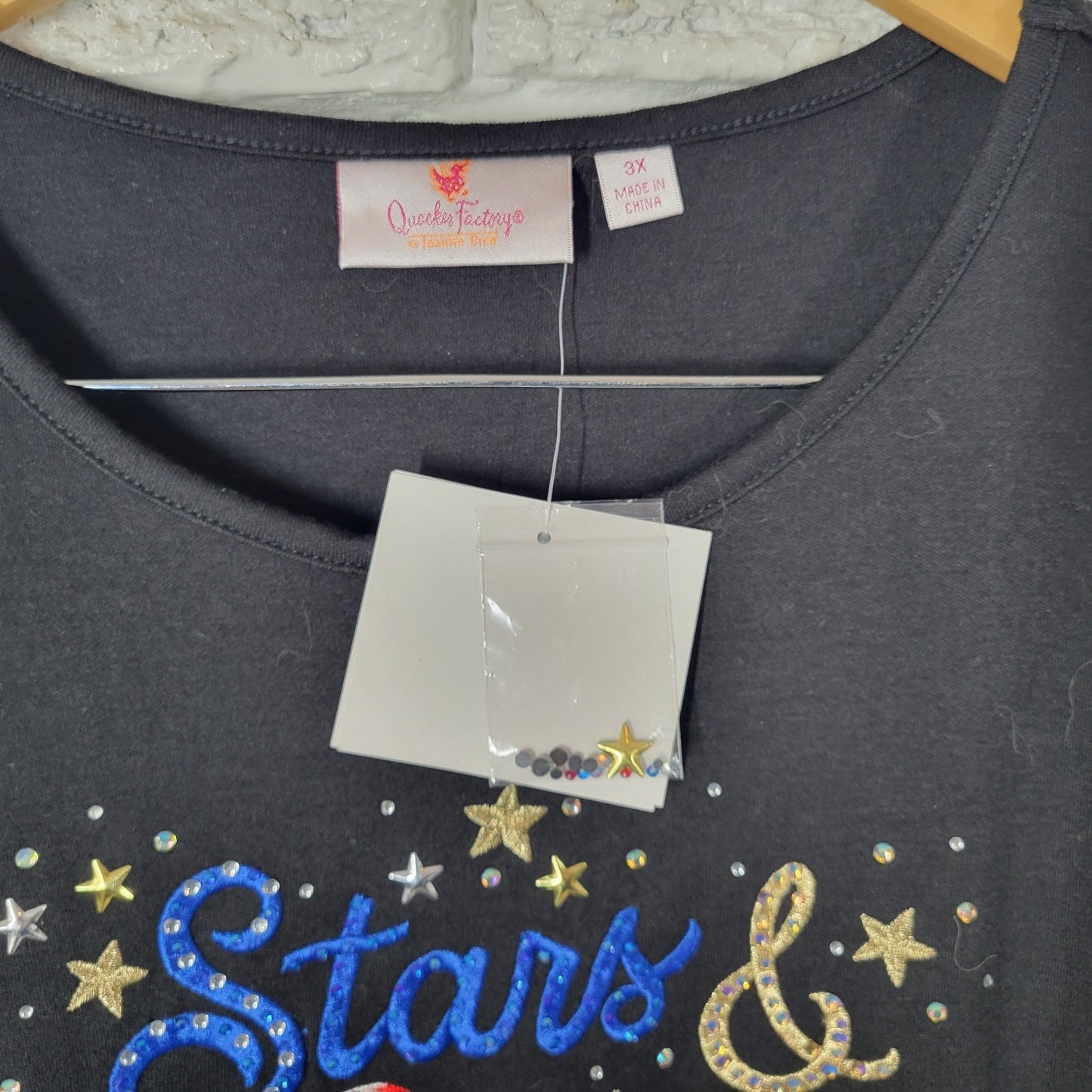 Fourth of July Quacker Factory QVC Womens Top 3X Plus Tee Black Studs Rhinestone