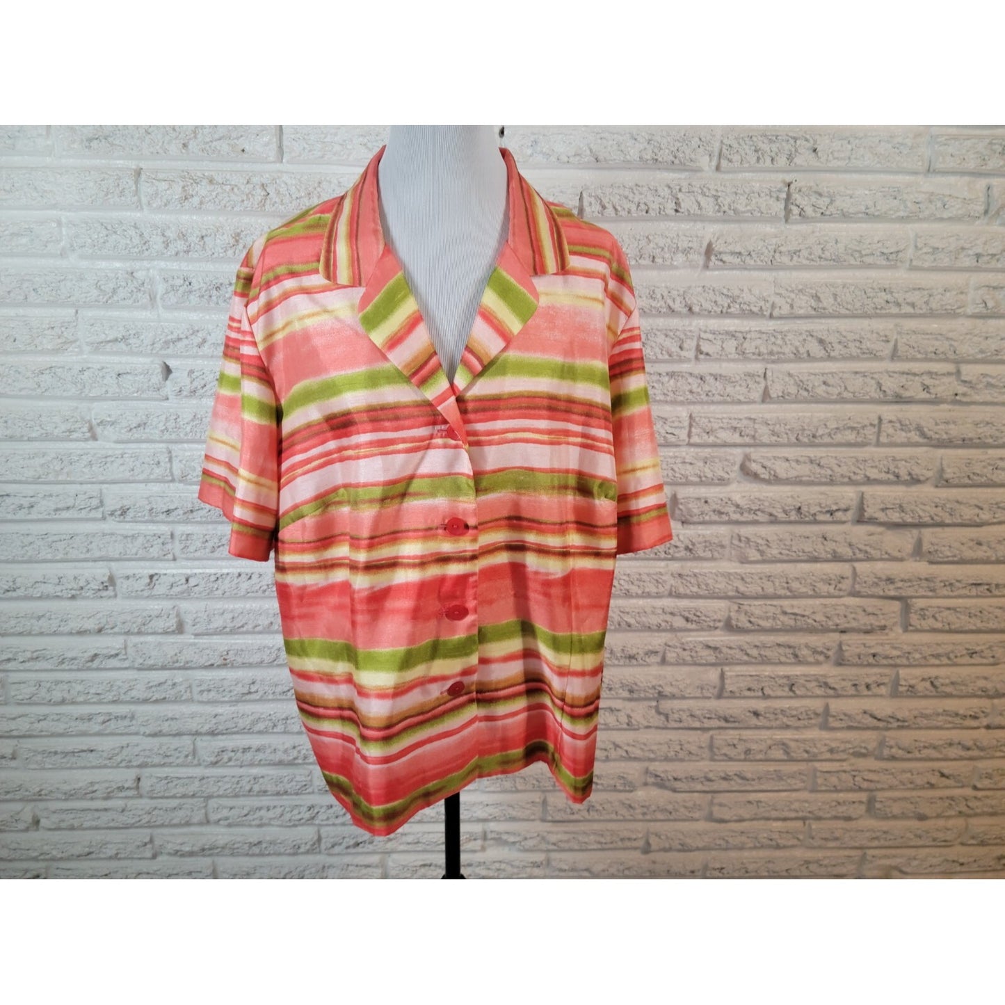 Sag Harbor 24W Plus Size Shirt Pink Stripe Woven Button Up Short Sleeve Business