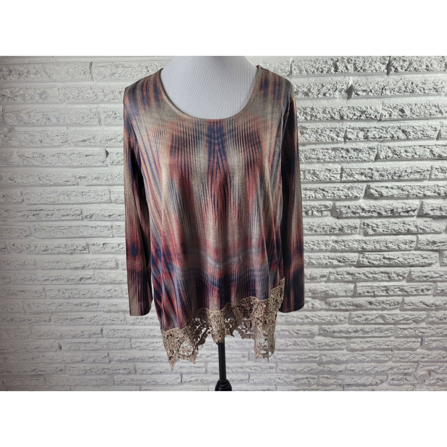 Live Let Live Womens Top Extra Large XL Tunic Lace Hem Asymmetric Brown Stripe