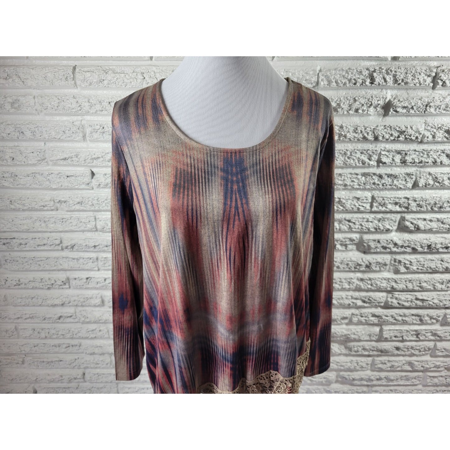 Live Let Live Womens Top Extra Large XL Tunic Lace Hem Asymmetric Brown Stripe