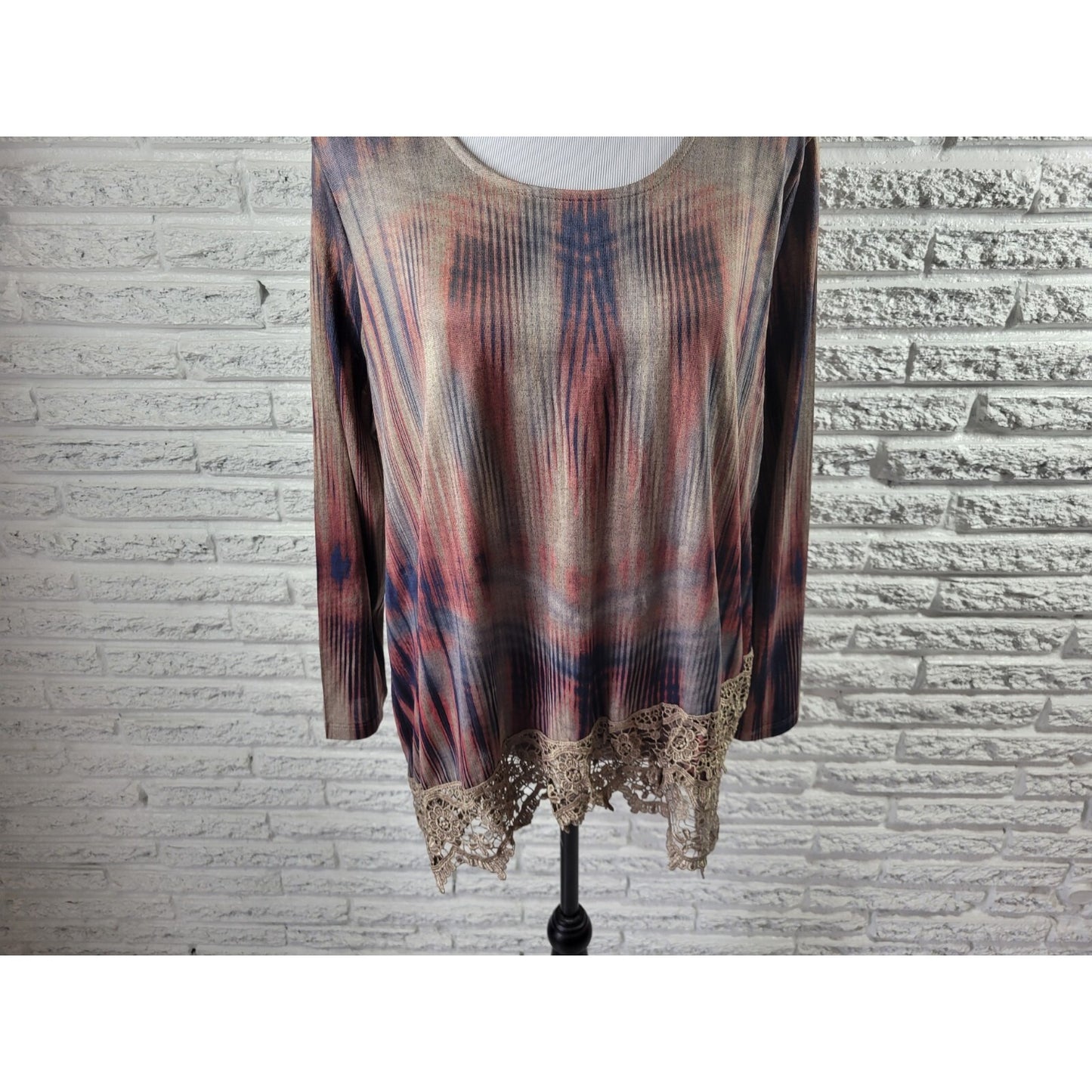 Live Let Live Womens Top Extra Large XL Tunic Lace Hem Asymmetric Brown Stripe