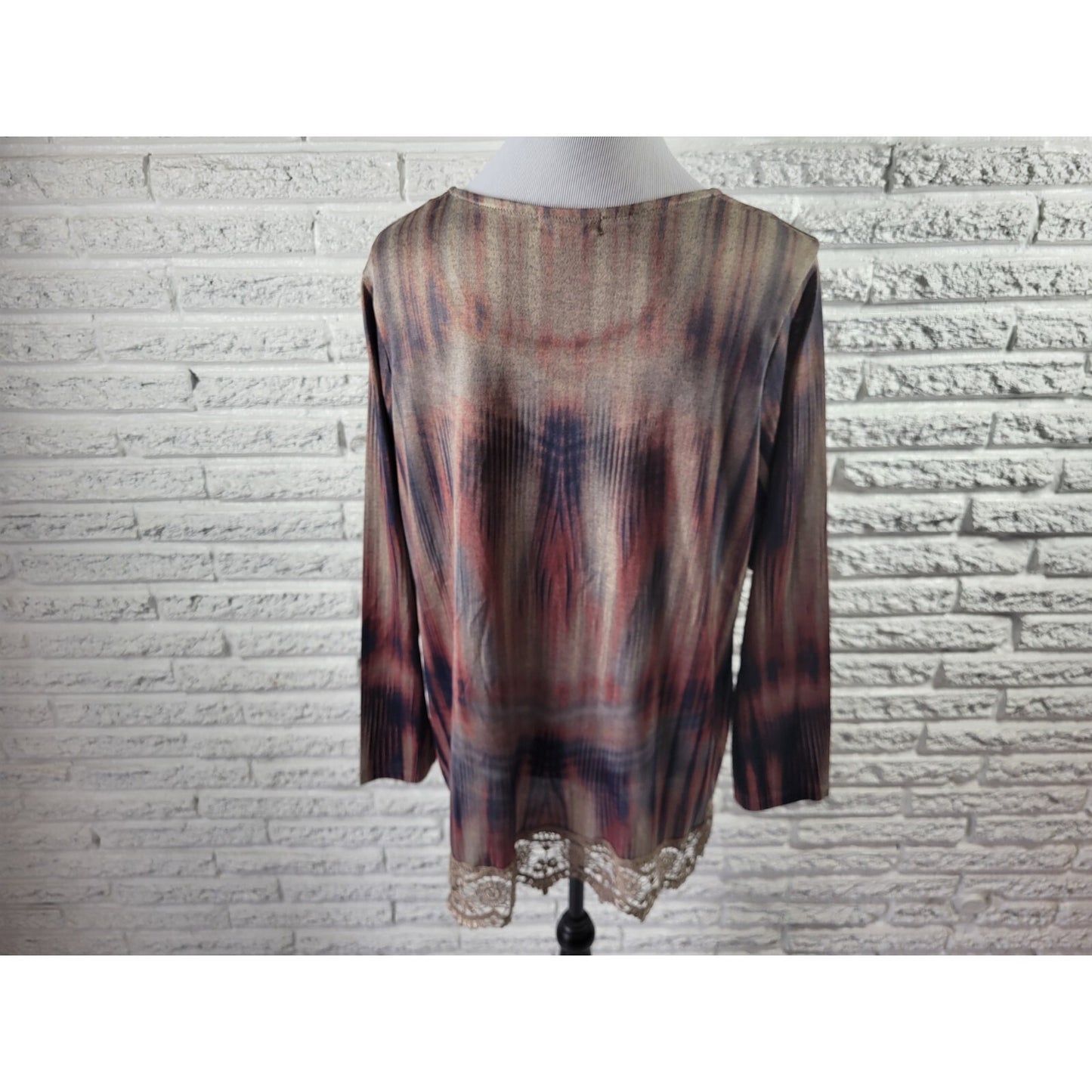 Live Let Live Womens Top Extra Large XL Tunic Lace Hem Asymmetric Brown Stripe