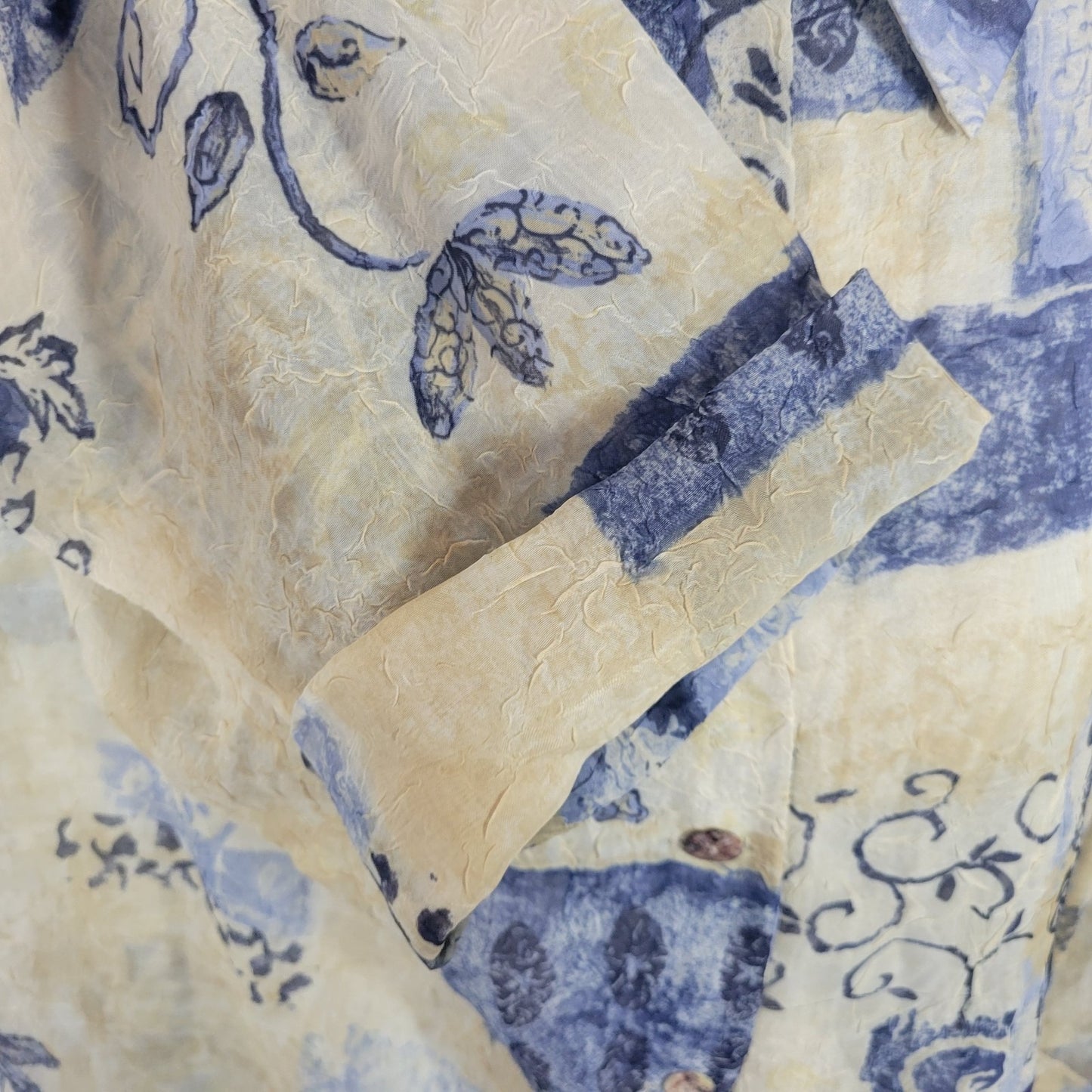 Dress Barn Womens Top 18W Plus Cuff 3/4 Sleeve Blue Geometric Sheer Button Up