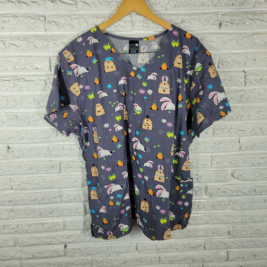 Zoe Chloe Unisex Scrub Top 2XL Plus Hello Spring Bunnies Gray Cotton Medical Vet