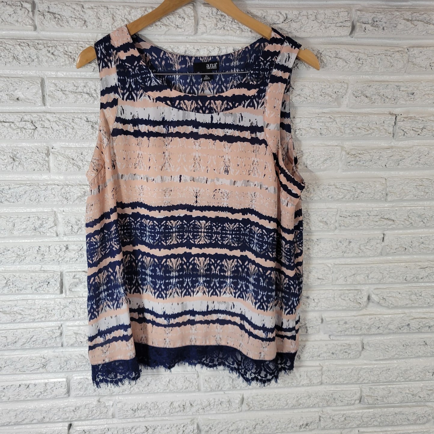 ANA Women's XL Pink Blue Geometric Tank Top Sleeveless Lace Hem Sheer Detail