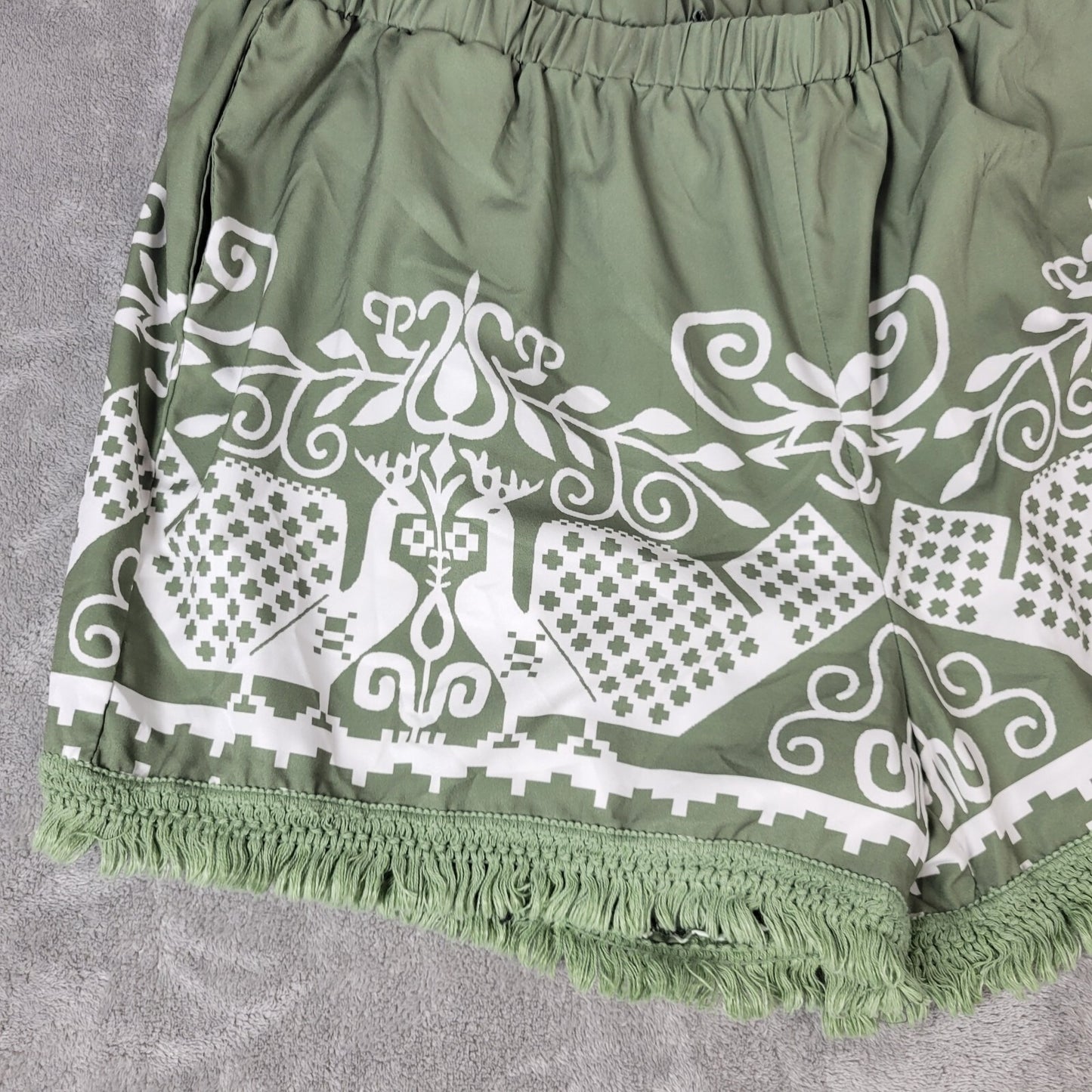 Shein Curve 3XL Plus Green Bird Mural Geometric Chino Shorts Fringe Boho Casual