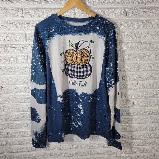 Hello Fall Autumn Womens Top 2XL Plus Blue Long Sleeve Poly Blend Pumpkin Casual