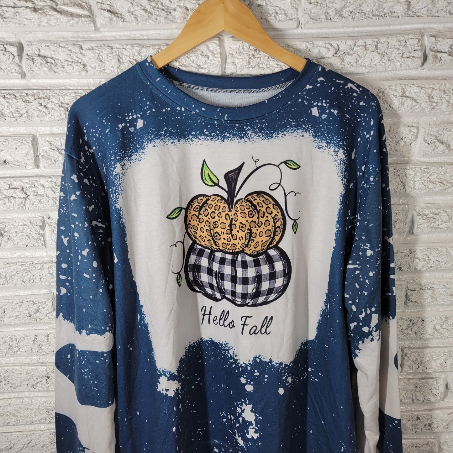 Hello Fall Autumn Womens Top 2XL Plus Blue Long Sleeve Poly Blend Pumpkin Casual