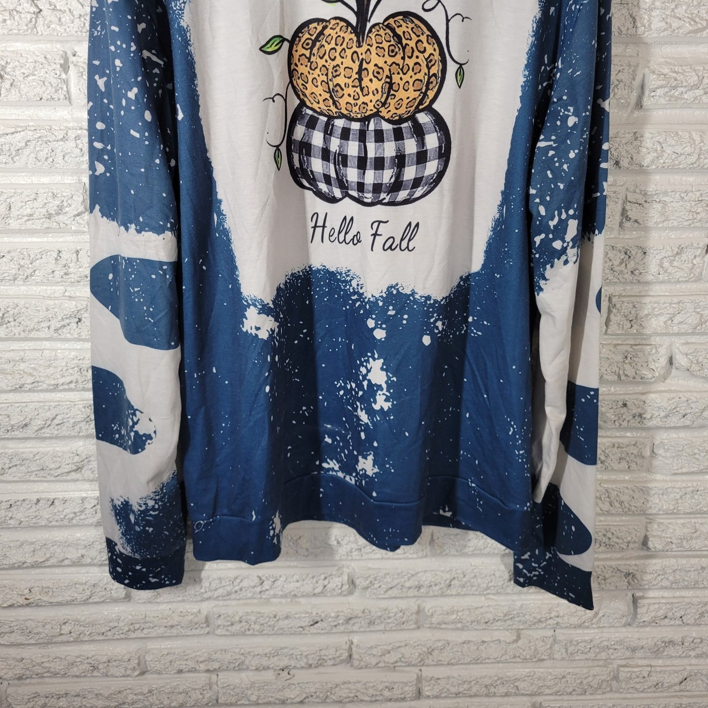 Hello Fall Autumn Womens Top 2XL Plus Blue Long Sleeve Poly Blend Pumpkin Casual