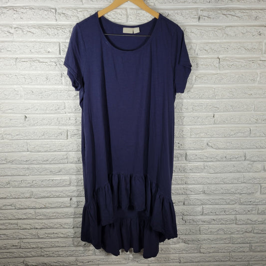 Zim Zoe Womens Dress 20 Plus High Low Blue Cotton Ruffle Pockets Short Sleeve