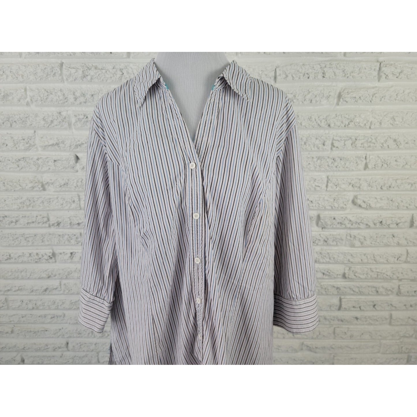 Lane Bryant Womens Shirt 28 Plus Button Up Collar Blue Black Stripe Career Basic