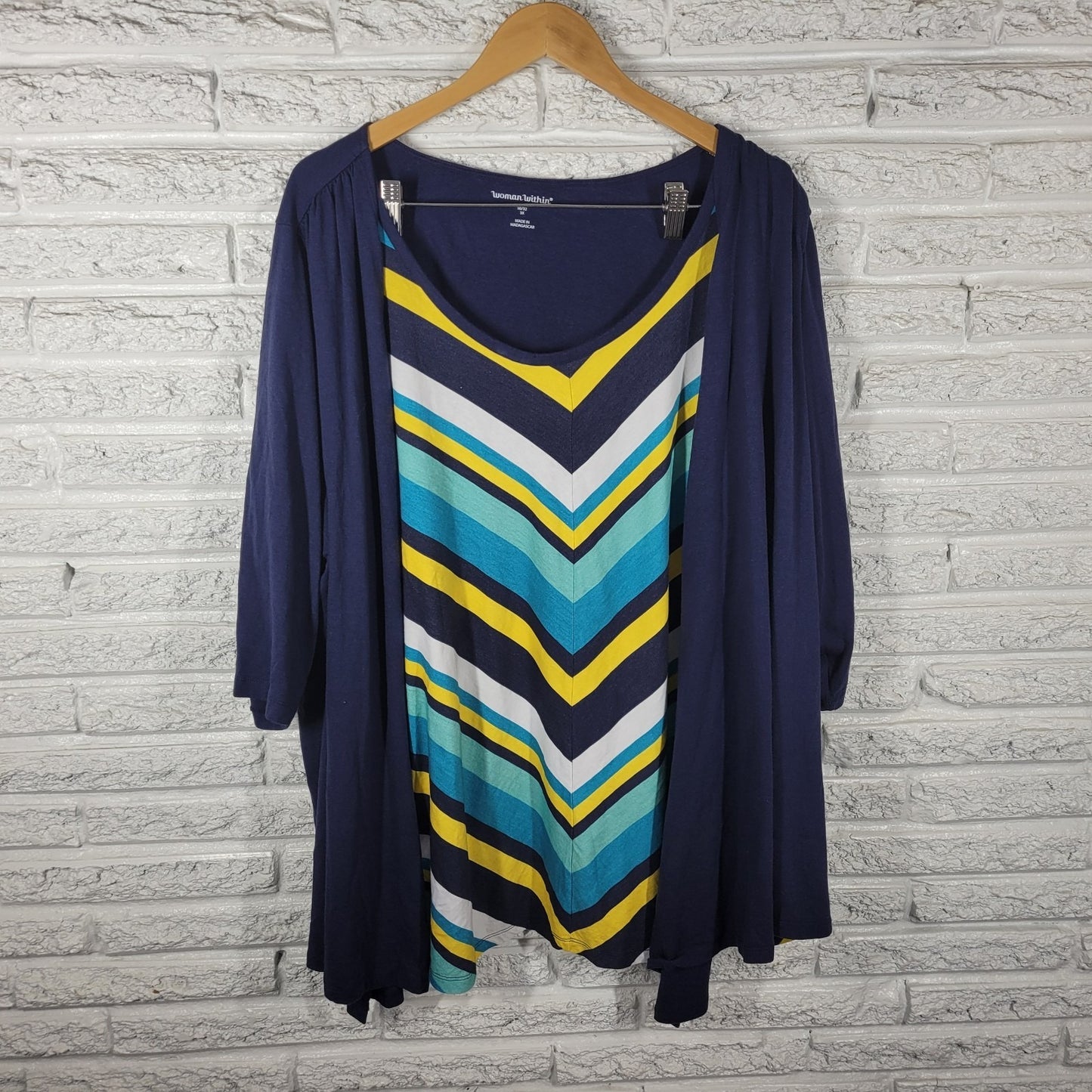 Woman Within Womens Top 3X Plus Tunic 3/4 Sleeve Blue Geometric Comfy Casual