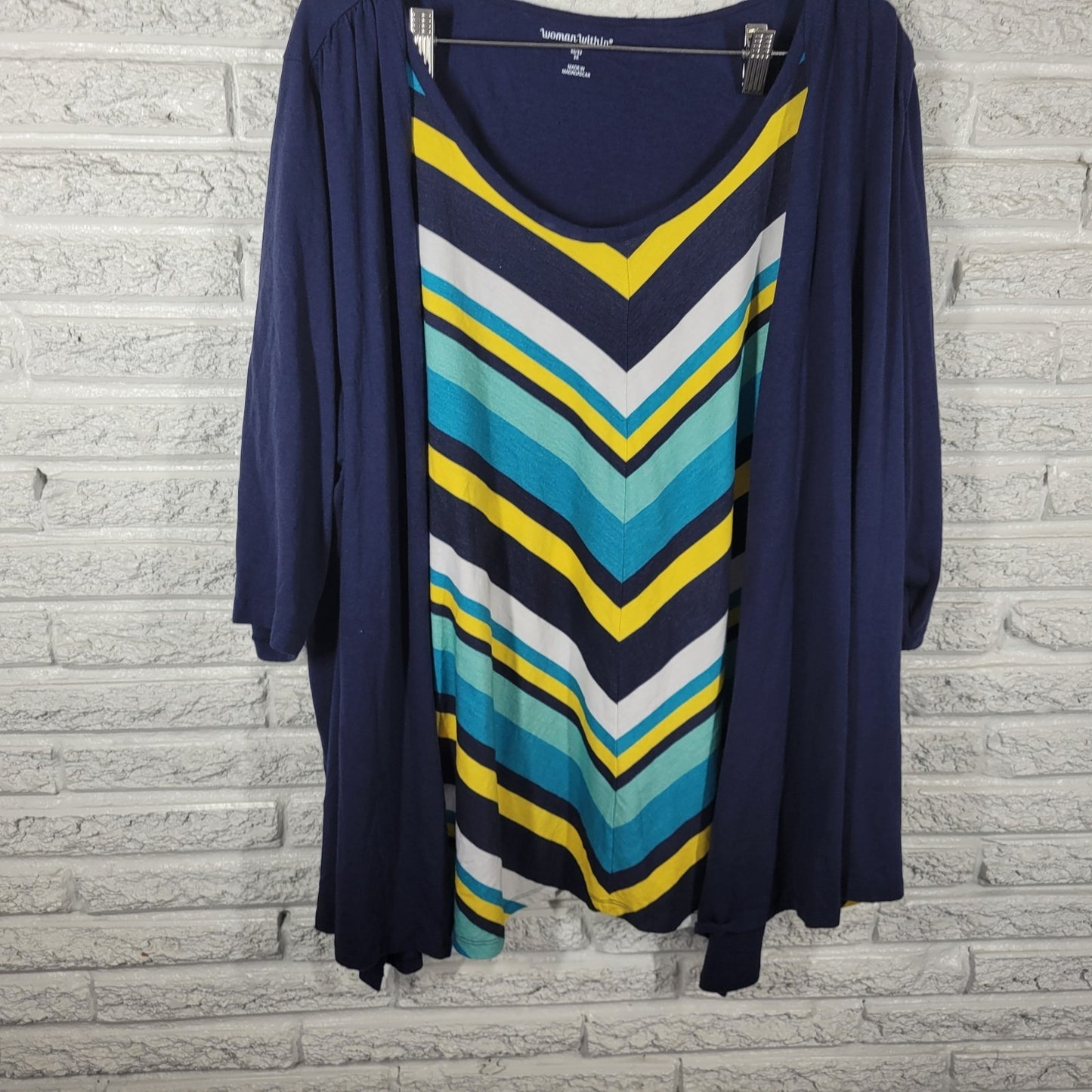 Woman Within Womens Top 3X Plus Tunic 3/4 Sleeve Blue Geometric Comfy Casual