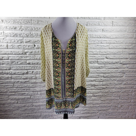 Cato Womens Top 18W 20W Plus Tunic Roll Tab Sleeve Yellow Button Mandala Sheer